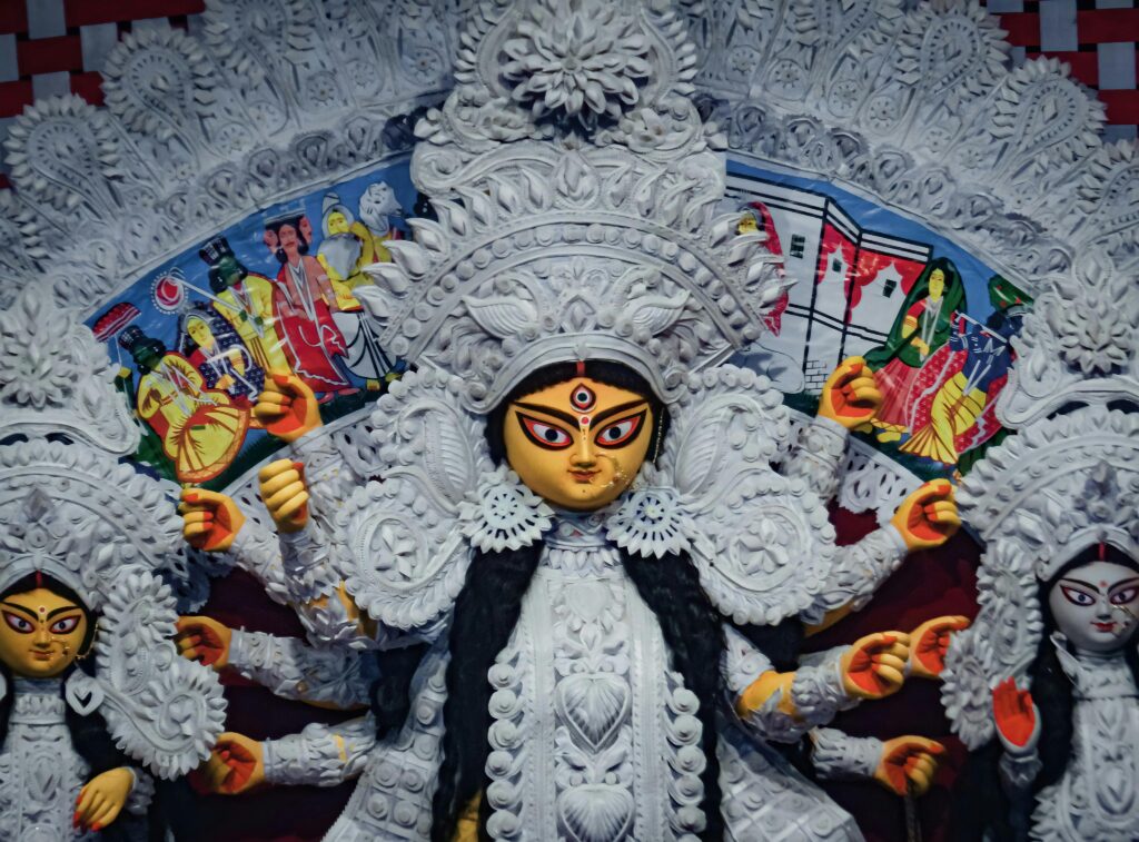 Intricate idol of Goddess Durga showcased during the vibrant Durga Puja festival in Kolkata.