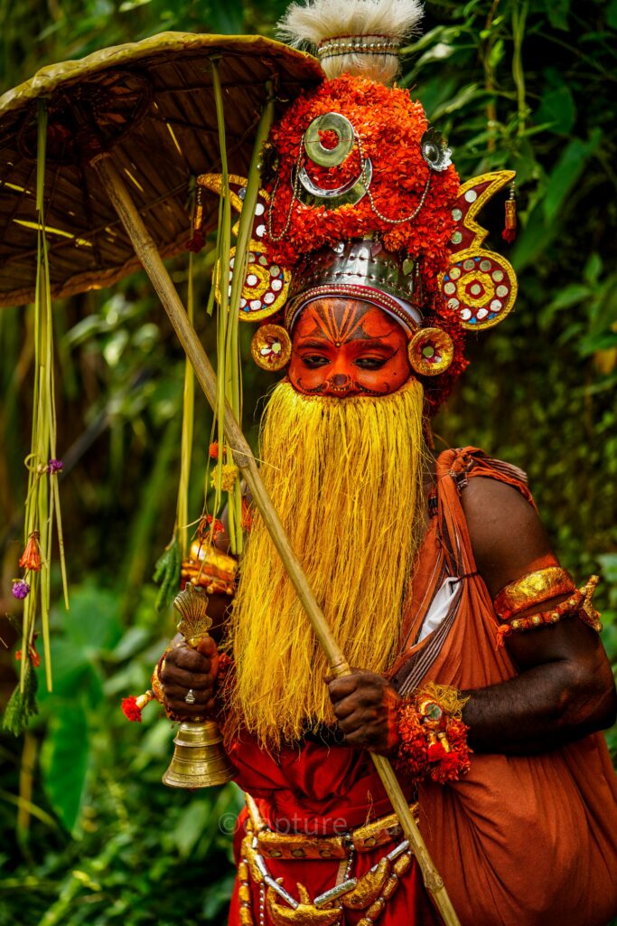 Vibrant portrayal of Onapottan costume during Onam festival in Kerala.